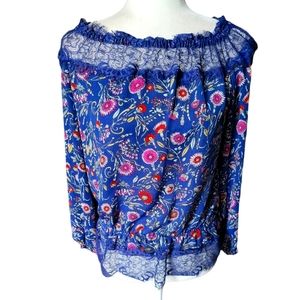 Jessica Simpson blue floral lace raw hem top blouse size xsmall boho style flowy
